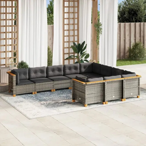 Conjunto Sofás de Jardim c/ Almofadões Vime PE Cinzento (10 pcs)