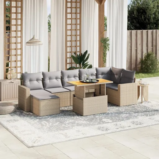 Conjunto de Sofás p/ Jardim com Almofadões Vime PE Bege (8 pcs)