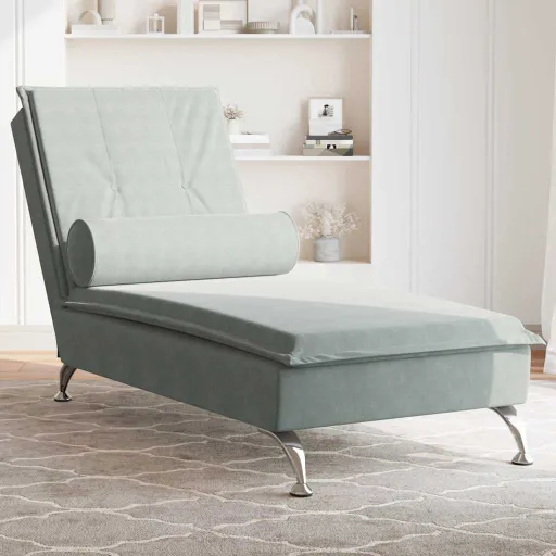 Chaise Lounge de Massagem com Rolo Veludo Cinzento-Claro