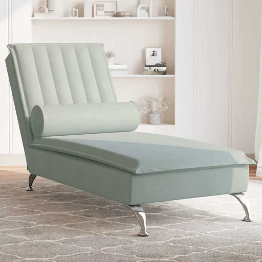 Chaise Lounge de Massagem com Rolo Veludo Cinzento-Claro
