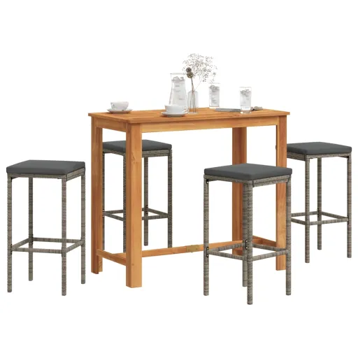 Conjunto de Bar p/ Jardim Acácia Maciça/Vime PE Cinzento (5 pcs)