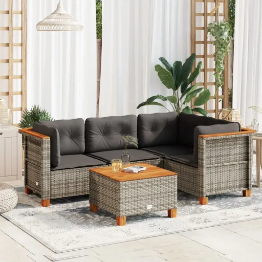Conjunto Sofás de Jardim c/ Almofadões Vime PE Cinzento (5 pcs)