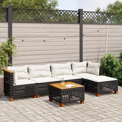 Conjunto Sofás de Jardim c/ Almofadões Vime PE Preto (6 pcs)
