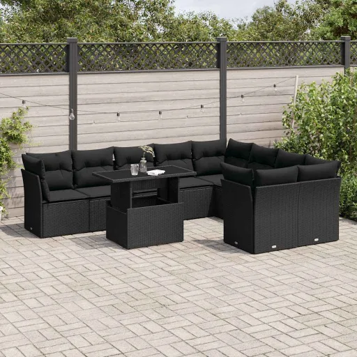 Conjunto Sofás de Jardim c/ Almofadões Vime PE Preto (10 pcs)