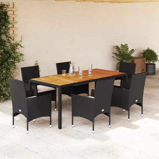 Conjunto Jantar Jardim c/ Almofadões Vime PE/Acácia Preto (7 pcs)