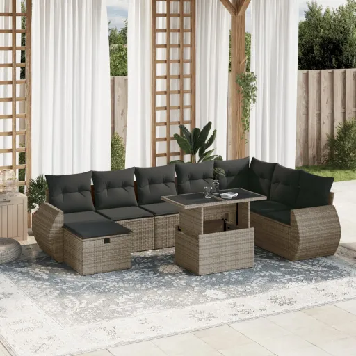 Conjunto Sofás p/ Jardim com Almofadões Vime PE Cinzento (9 pcs)
