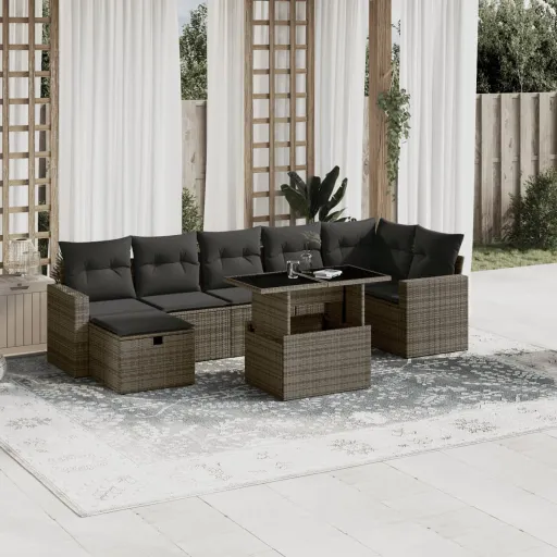 Conjunto Sofás de Jardim c/ Almofadões Vime PE Cinzento (8 pcs)