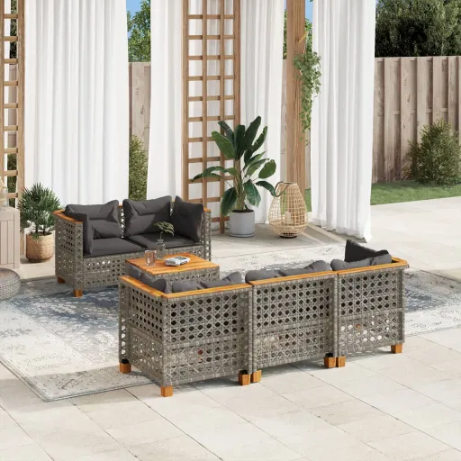 Conjunto Sofás de Jardim com Almofadões Vime Cinzento (6 pcs)