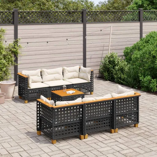 Conjunto de Sofás p/ Jardim c/ Almofadões Vime PE Preto (7 pcs)