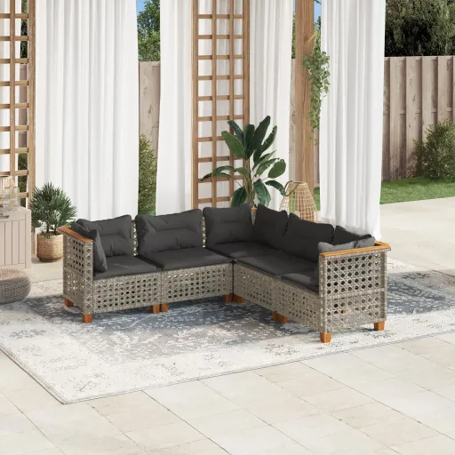 Conjunto Sofás de Jardim c/ Almofadões Vime PE Cinzento (5 pcs)