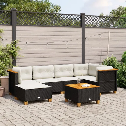 Conjunto de Sofás p/ Jardim c/ Almofadões Vime PE Preto (7 pcs)