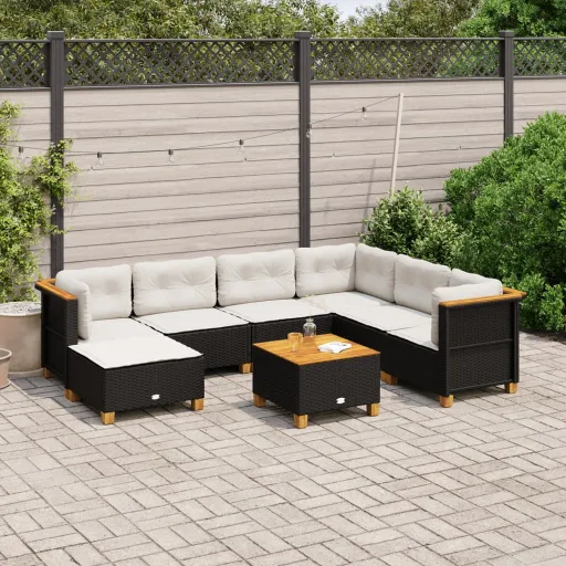 Conjunto Sofás de Jardim com Almofadões Vime PE Preto (8 pcs)