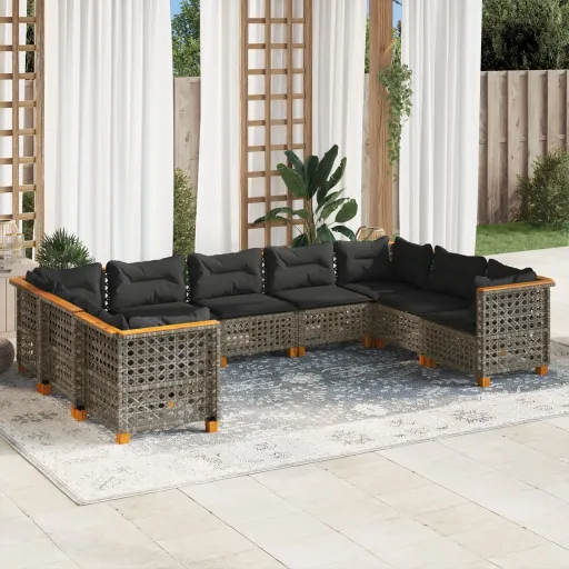 Conjunto Sofás p/ Jardim com Almofadões Vime PE Cinzento (9 pcs)