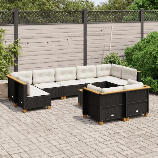 Conjunto Sofás de Jardim c/ Almofadões Vime PE Preto (10 pcs)