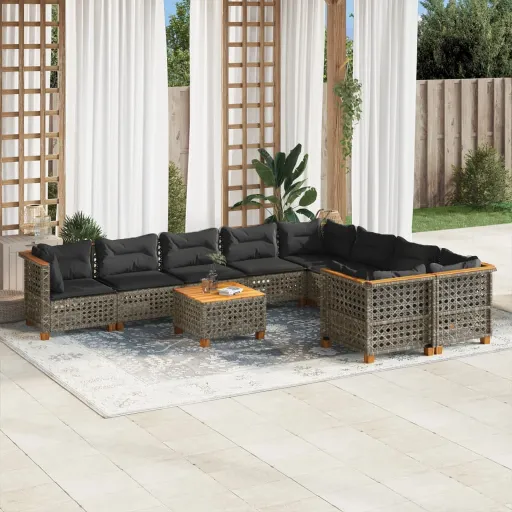 Conjunto Sofás de Jardim c/ Almofadões Vime PE Cinzento (10 pcs)