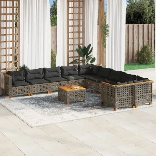 Conjunto Sofás de Jardim c/ Almofadões Vime PE Cinzento (11 pcs)