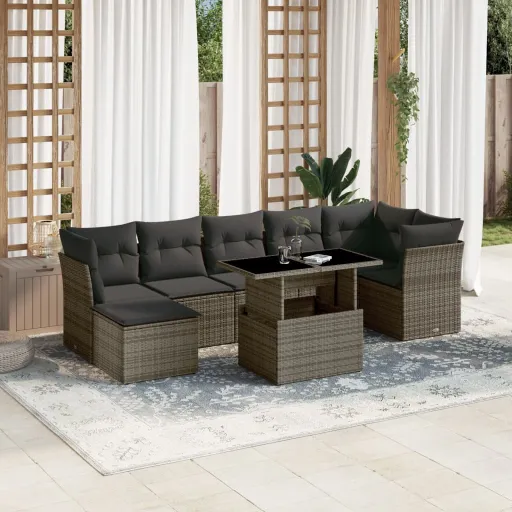 Conjunto Sofás de Jardim c/ Almofadões Vime PE Cinzento (8 pcs)
