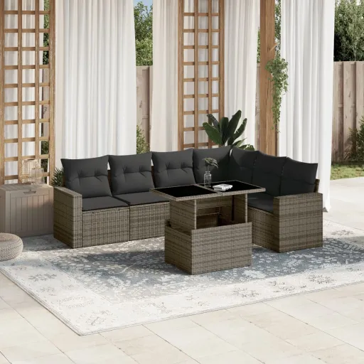 Conjunto Sofás p/ Jardim c/ Almofadões Vime PE Cinzento (7 pcs)