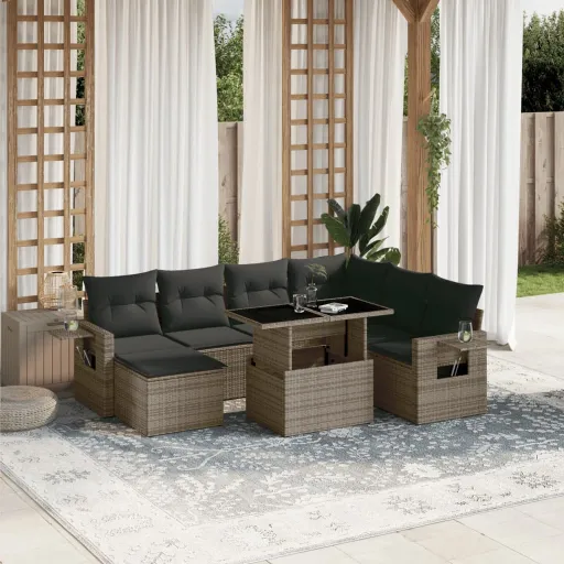 Conjunto Sofás de Jardim c/ Almofadões Vime PE Cinzento (8 pcs)