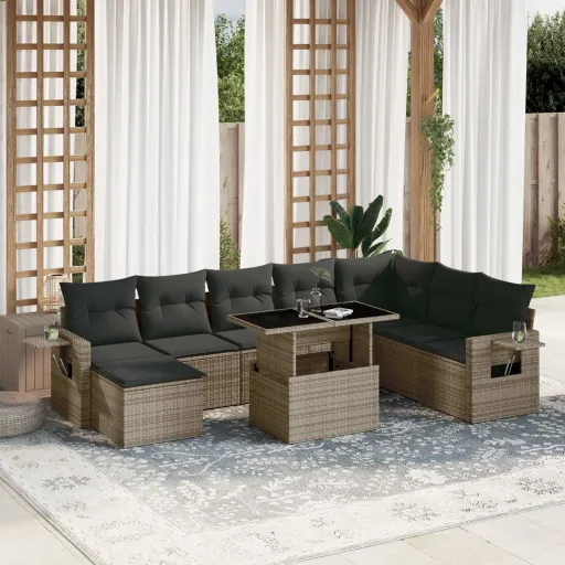 Conjunto Sofás p/ Jardim com Almofadões Vime PE Cinzento (9 pcs)