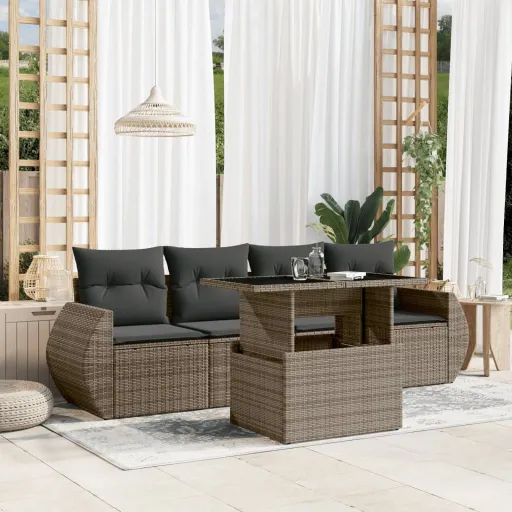 Conjunto Sofás de Jardim c/ Almofadões Vime PE Cinzento (5 pcs)