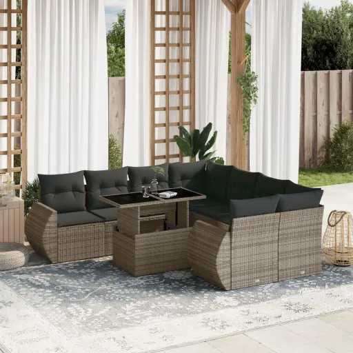 Conjunto Sofás p/ Jardim com Almofadões Vime PE Cinzento (9 pcs)