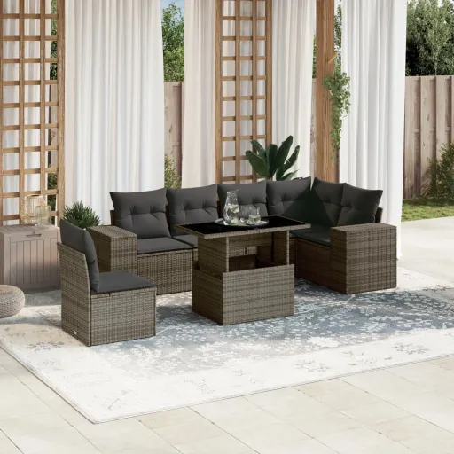 Conjunto Sofás p/ Jardim c/ Almofadões Vime PE Cinzento (7 pcs)