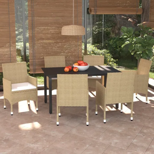 Conjunto Jantar p/ Jardim c/ Almofadões Vime PE Bege (7 pcs)