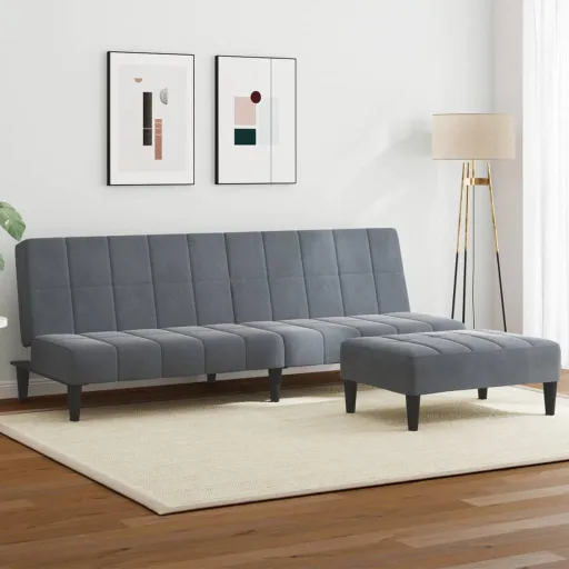 Sofá-Cama 2 Lugares c/ Apoio de Pés Veludo Cinzento-Escuro