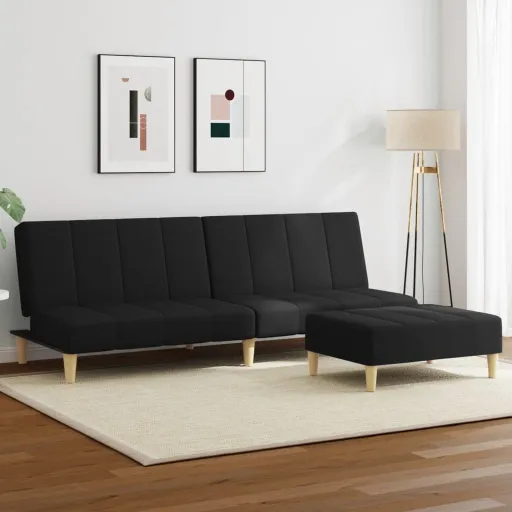 Sofá-Cama de 2 Lugares com Apoio de Pés Tecido Preto