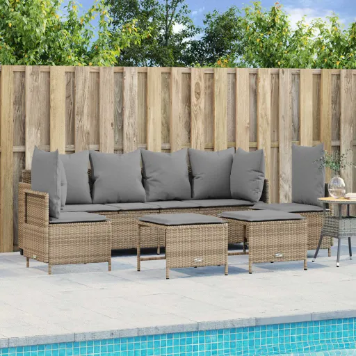 Conjunto de Sofás p/ Jardim com Almofadões Vime PE Bege (5 pcs)