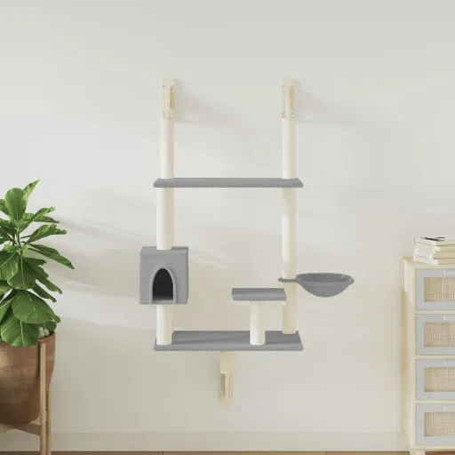 Árvore Parede p/ Gatos c/ Poste Arranhador 153 cm Cinza-Claro