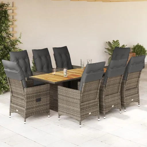 Conjunto de Jantar p/ Jardim c/ Almofadões Vime PE Cinza (9 pcs)