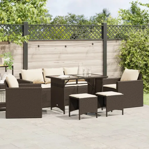 Conjunto de Sofás Jardim c/ Almofadões Vime PE Castanho (6 pcs)