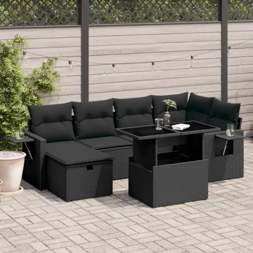 Conjunto de Sofás p/ Jardim c/ Almofadões Vime PE Preto (7 pcs)