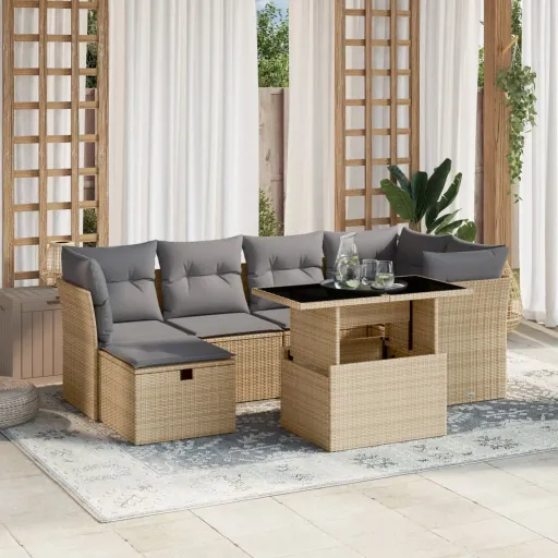 Conjunto de Sofás p/ Jardim com Almofadões Vime PE Bege (7 pcs)