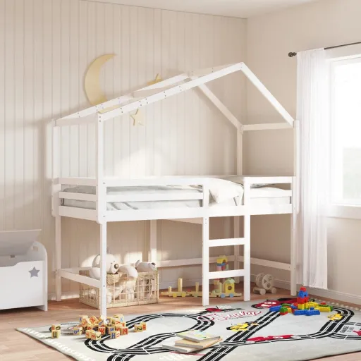 Cama Alta c/ Escada e Telhado 90x190 cm Pinho Maciço Branco