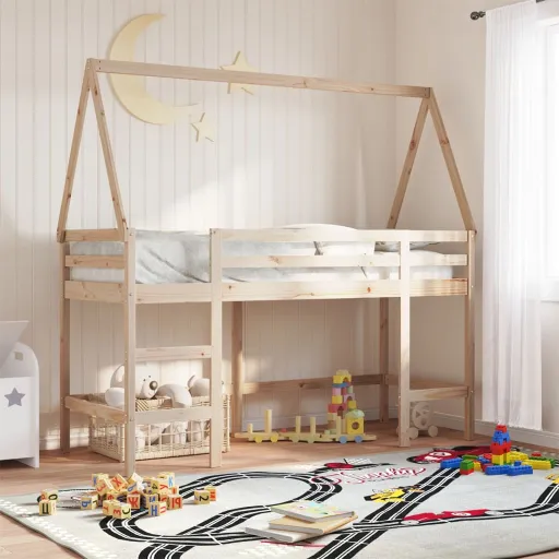 Cama Alta c/ Escada e Telhado 90x200 cm Pinho Maciço
