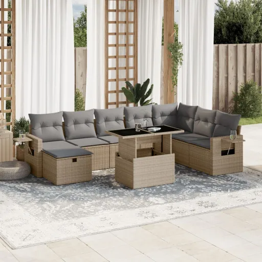 Conjunto de Sofás p/ Jardim com Almofadões Vime PE Bege (9 pcs)