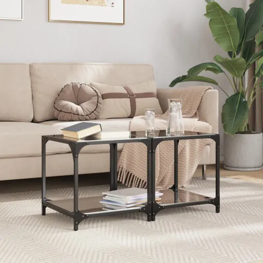 Mesas de Centro c/ Topo em Vidro Preto   40x40x40 cm Aço (2 pcs)