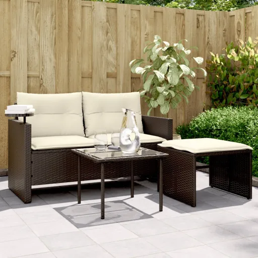 Conjunto Sofás de Jardim com Almofadões Vime PE Castanho (3 pcs)
