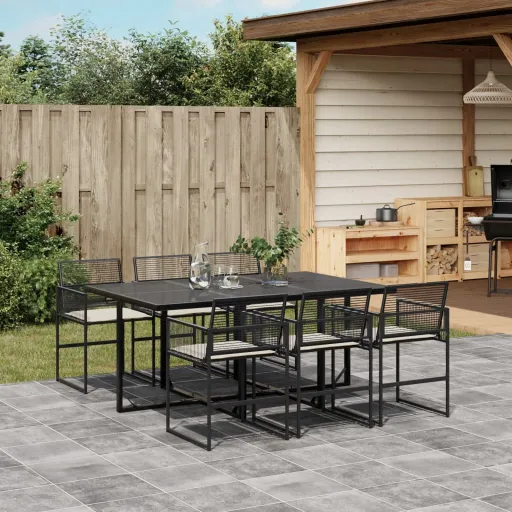 Conjunto de Jantar p/ Jardim c/ Almofadões Vime PE Preto (7 pcs)