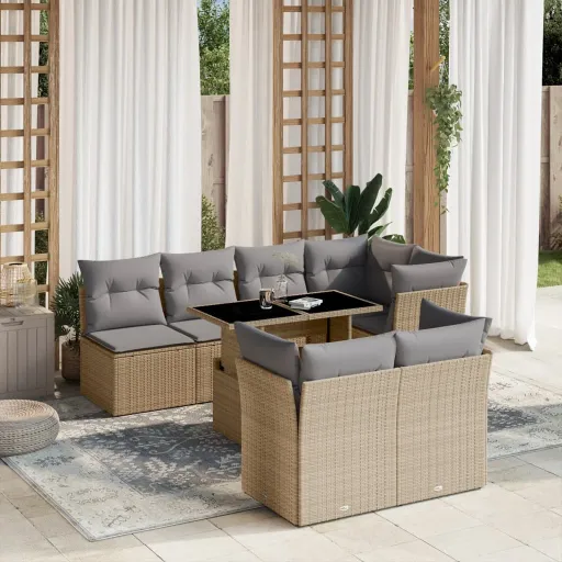 Conjunto de Sofás p/ Jardim com Almofadões Vime PE Bege (8 pcs)