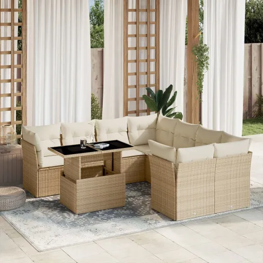Conjunto de Sofás p/ Jardim com Almofadões Vime PE Bege (9 pcs)