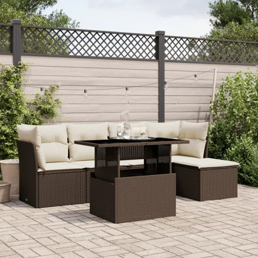 Conjunto de Sofás Jardim c/ Almofadões Vime PE Castanho (6 pcs)