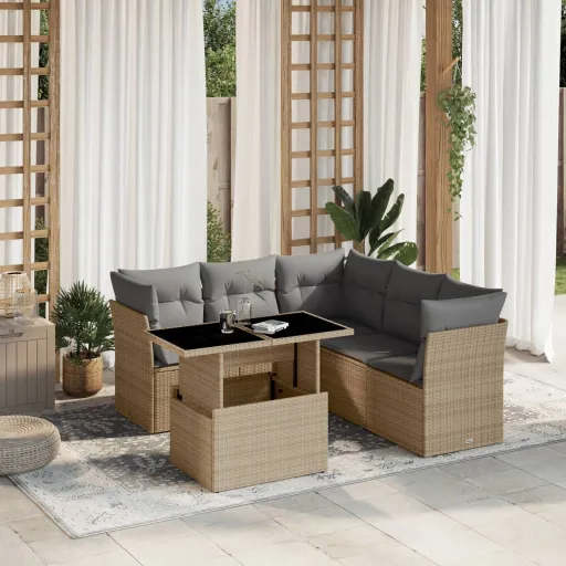 Conjunto de Sofás p/ Jardim com Almofadões Vime PE Bege (6 pcs)