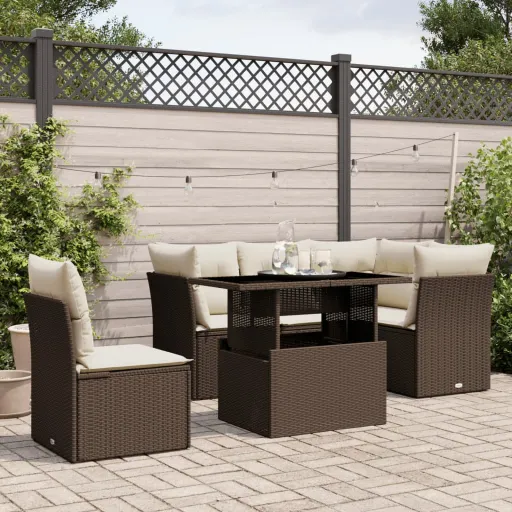 Conjunto de Sofás Jardim c/ Almofadões Vime PE Castanho (6 pcs)