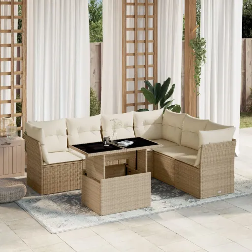 Conjunto de Sofás p/ Jardim com Almofadões Vime PE Bege (7 pcs)