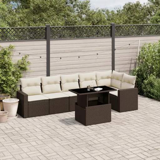 Conjunto de Sofás Jardim c/ Almofadões Vime PE Castanho (7 pcs)