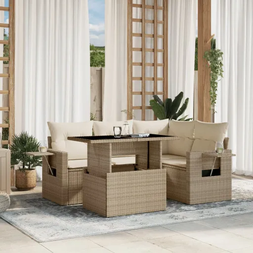 Conjunto de Sofás p/ Jardim com Almofadões Vime PE Bege (5 pcs)